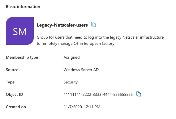 Screenshot of fake Entra ID group, with source set to Windows Server AD